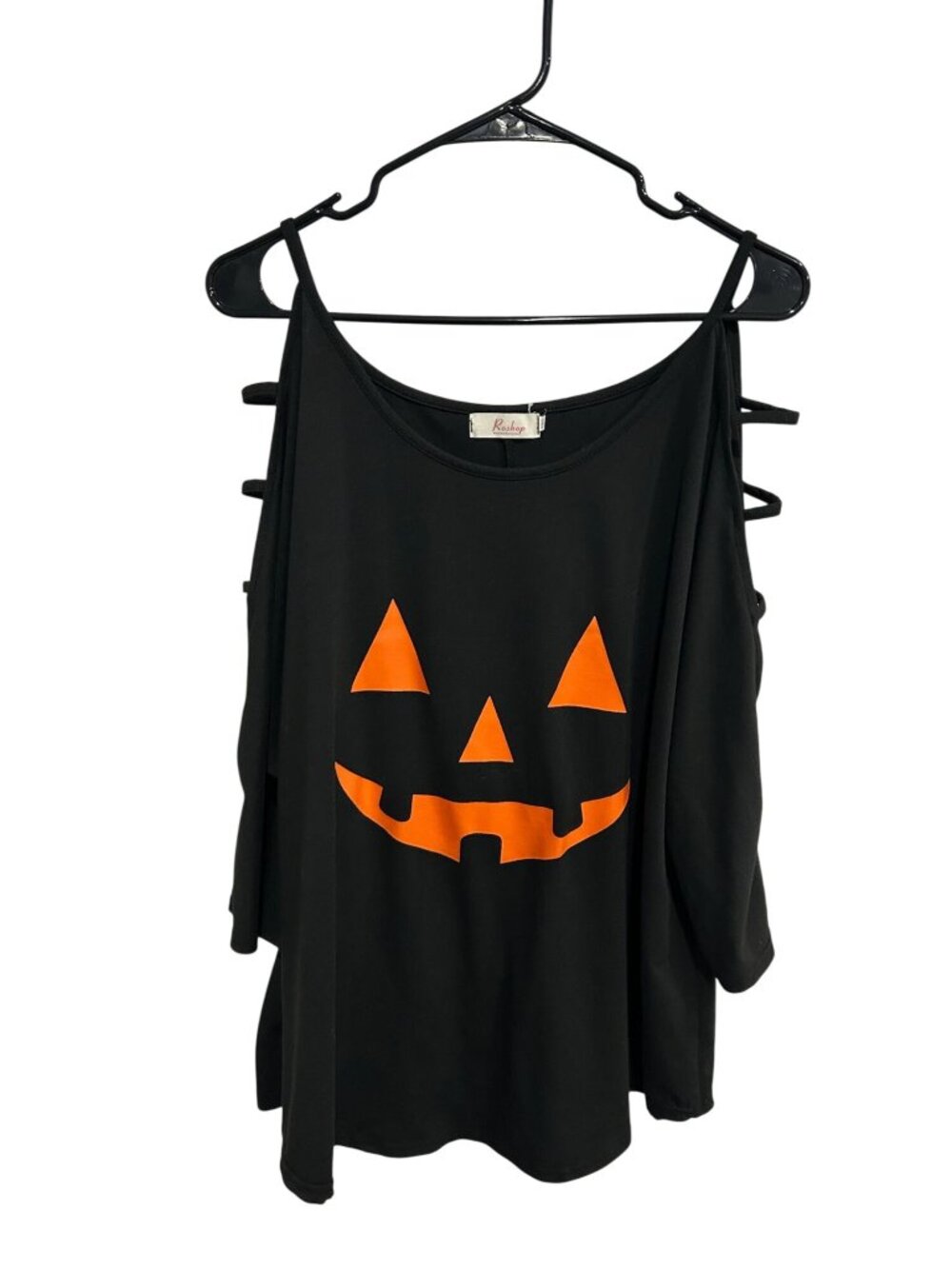Roshop XXL Black Orange Halloween Cold Shoulder Top Pumpkin Graphic Camp Retro